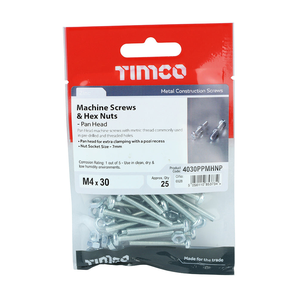 Timco Pan Head Machine Screw & Nut (9 Variants Available)