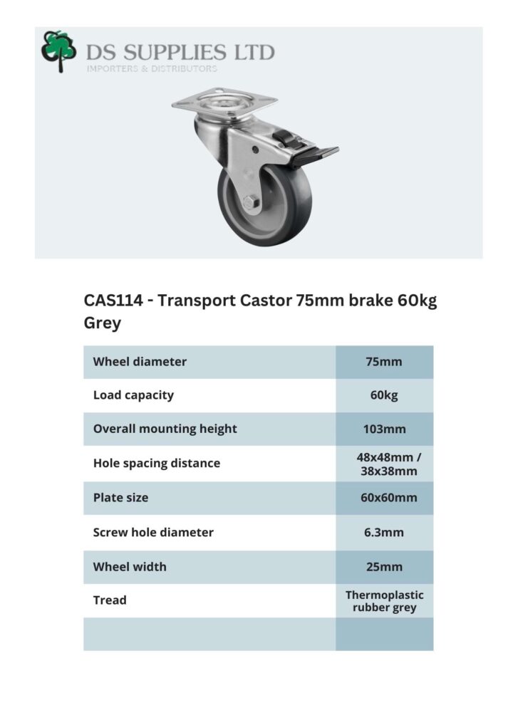 Transport Castor 75mm Swivel, Fixed, Brake 60kg Grey ( 3 VARIANTS )