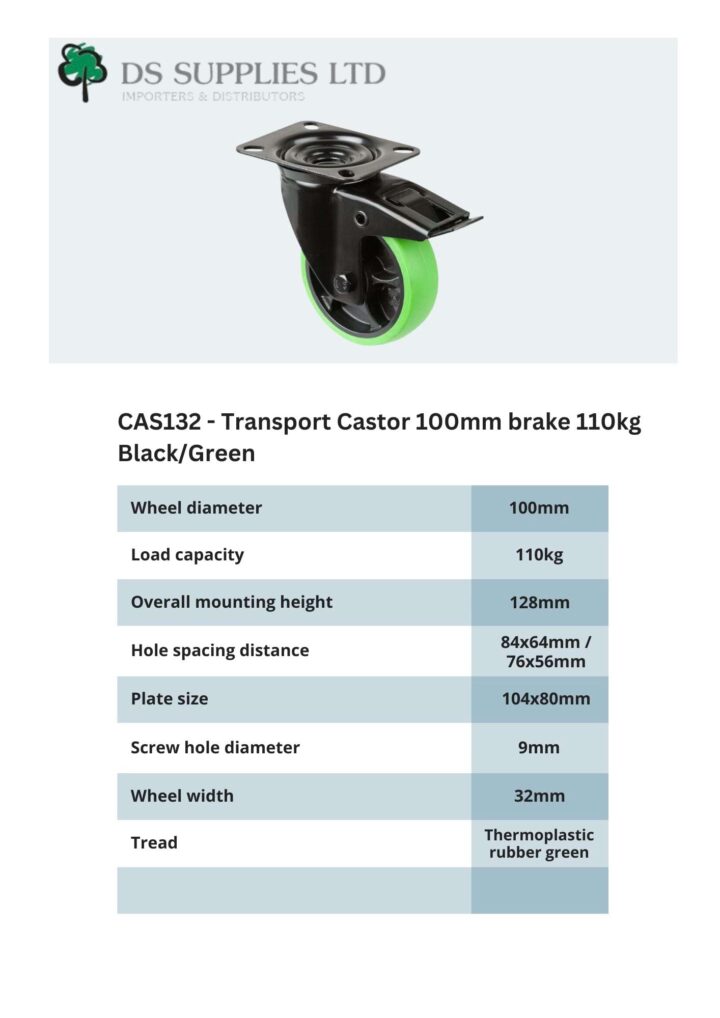 Transport Castor 100mm Swivel, Fixed, Brake 110kg Black / Green