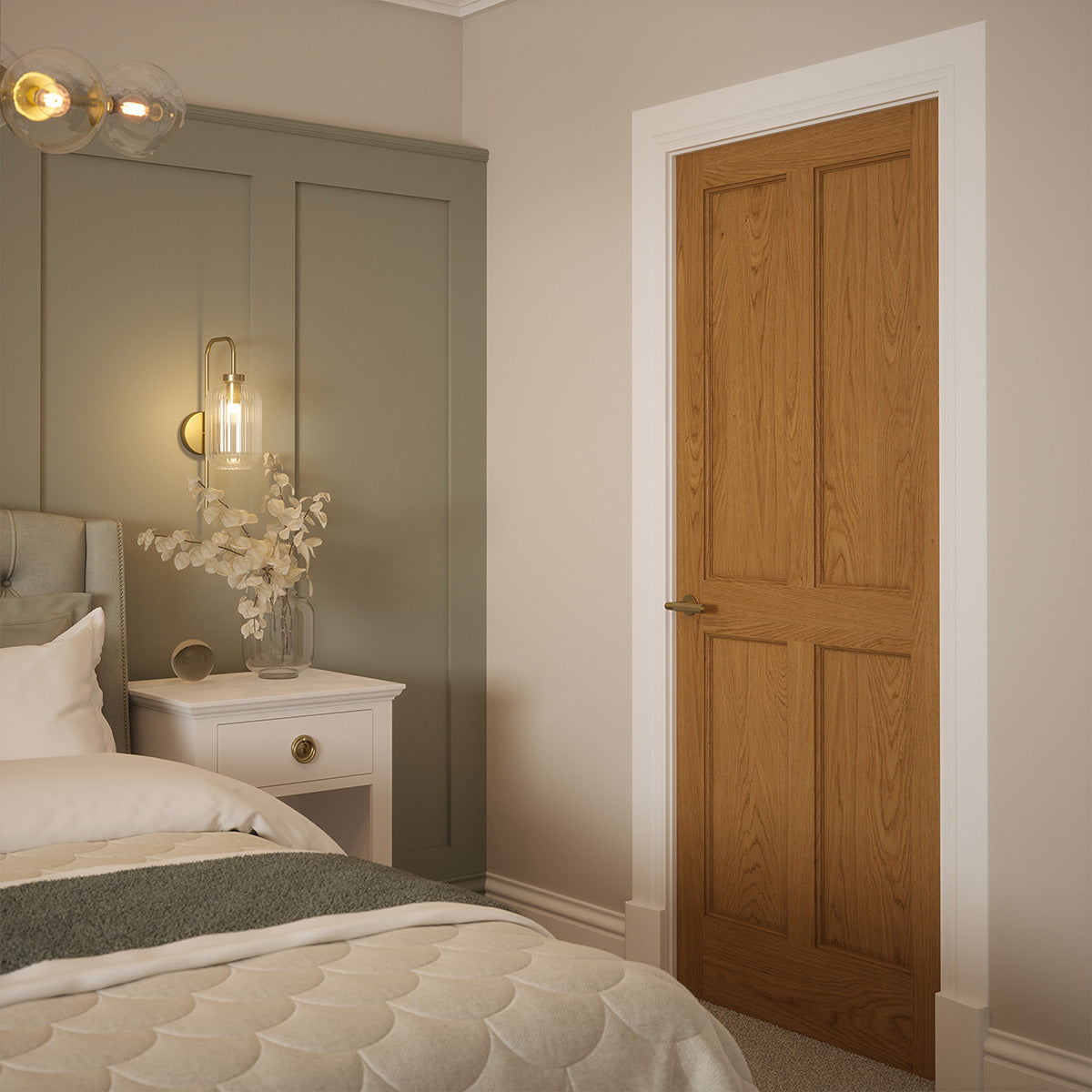LAWRENCE PRE-FIN OAK 4-PANEL ENGD DOOR