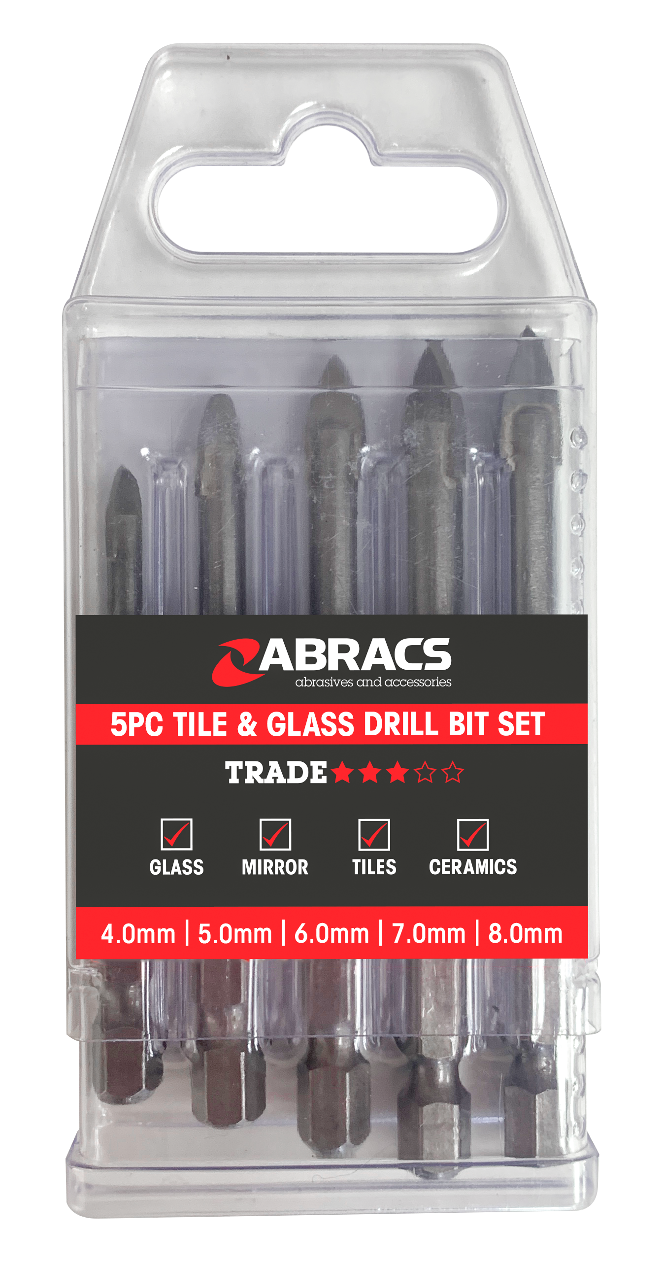 ABRACS SPEAR HEAD GLASS & TILE DRILL BIT 5pc SET