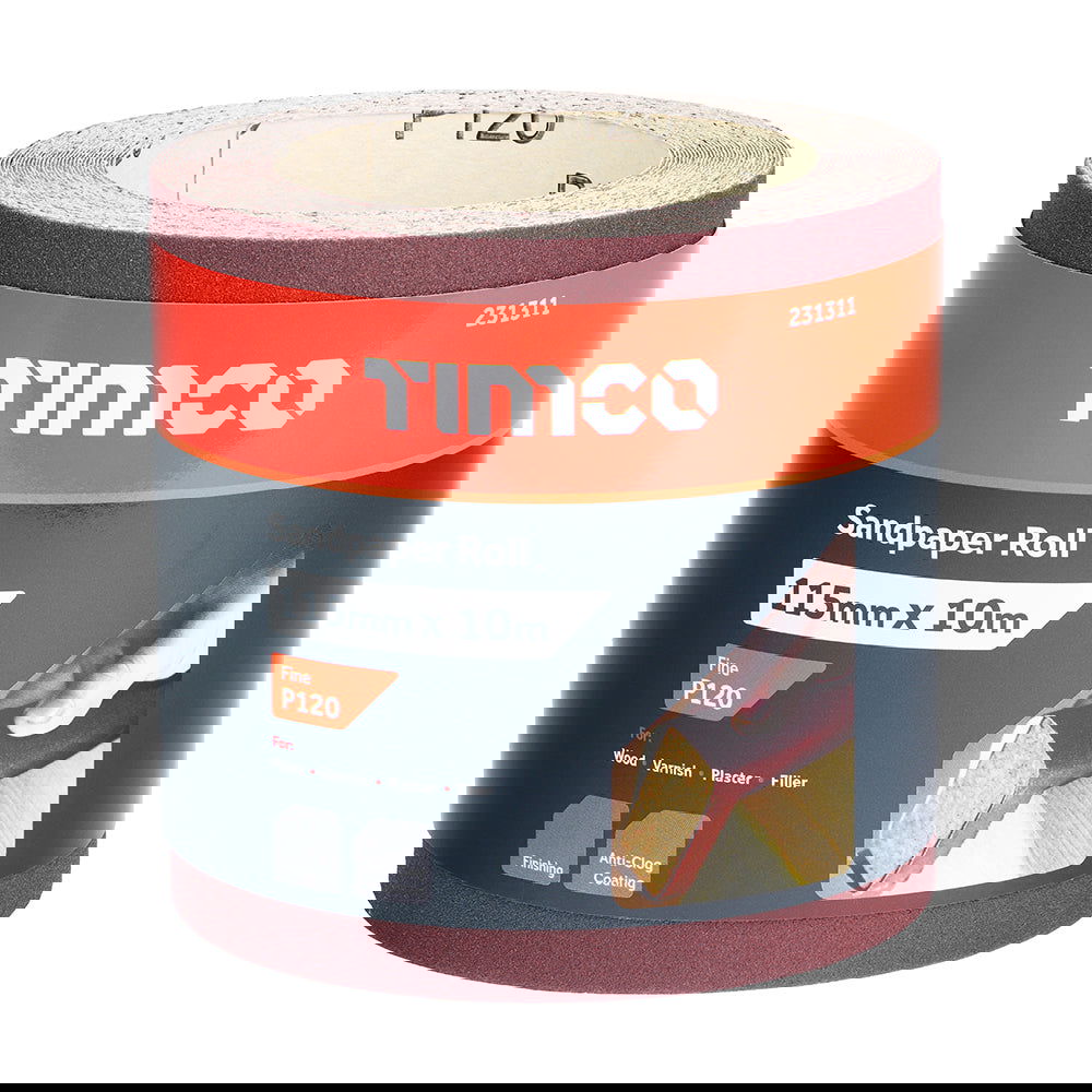 TIMCO 115MMX10 SANDPAPER ROLL RED 120 - Woodworkers.ie -