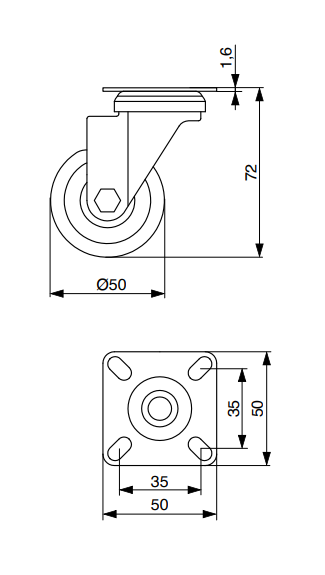 GC52 FURNITURE CASTOR  50MM NON-BRAKED