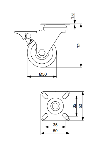 GC52 FURNITURE CASTOR 50MM WITH  BRAKE SOFT GREY  THREAD