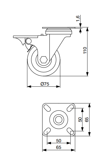 GC52 FURNITURE CASTOR 65MM WITH  BRAKE