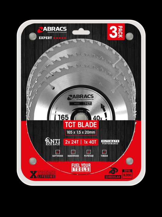 ABRACS TCT 165mm X 20mm 3pk 2 x 24T &1 x40T - Woodworkers.ie - 