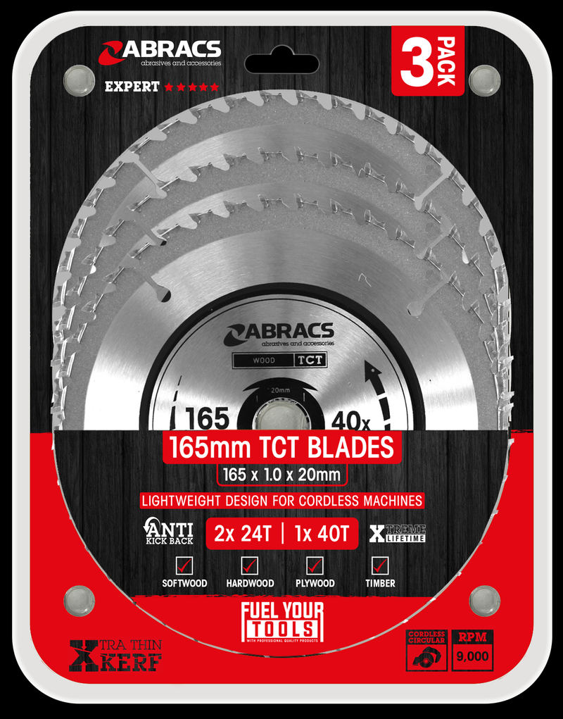 ABRACS TCT 165mm X 20mm 3pk 2 x 24T &1 x40T (CORDLESS) - Woodworkers.ie - 