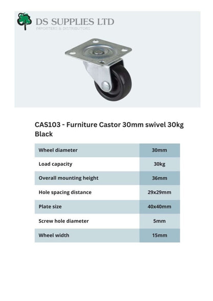 Furniture Castor 30mm swivel 30kg Black