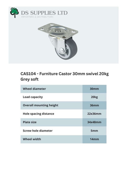 Furniture Castor 30mm swivel 20kg Grey Soft