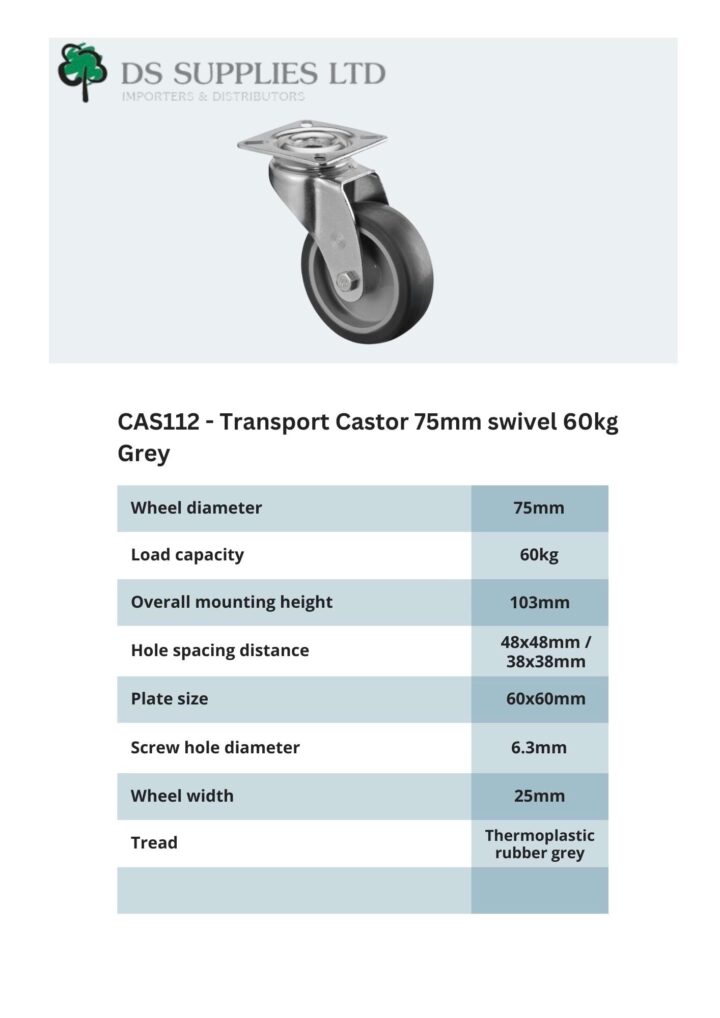 Transport Castor 75mm Swivel, Fixed, Brake  60kg Grey ( 3 VARIANTS )