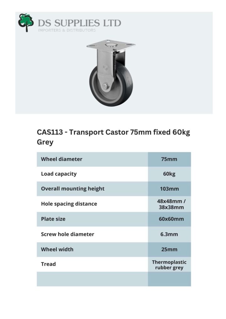 Transport Castor 75mm Swivel, Fixed, Brake  60kg Grey ( 3 VARIANTS )