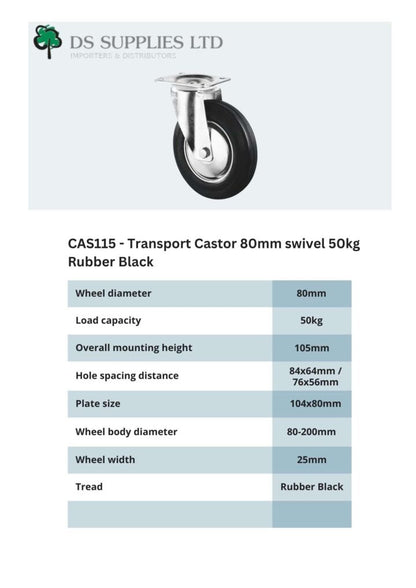 Transport Castor 80mm swivel, fixed, brake 50kg Rubber Black