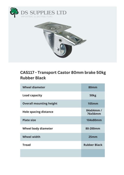 Transport Castor 80mm swivel, fixed, brake 50kg Rubber Black