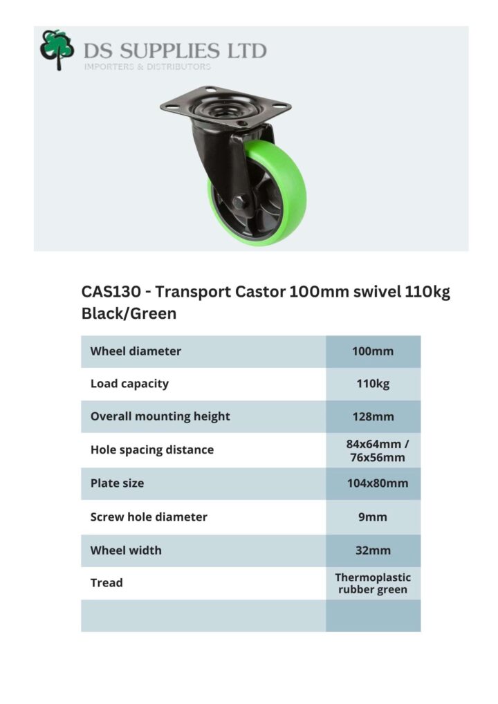 Transport Castor 100mm Swivel, Fixed, Brake 110kg Black / Green