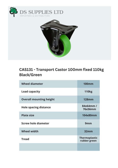 Transport Castor 100mm Swivel, Fixed, Brake 110kg Black / Green