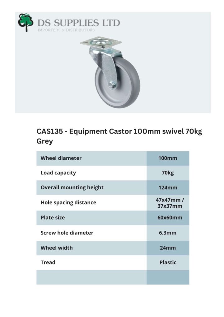 Equipment Castor 100mm Swivel, Fixed, Brake 70kg Grey