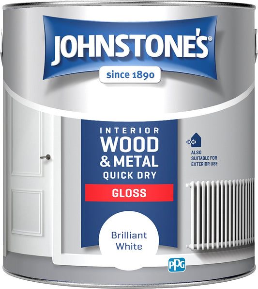 JOHNSTONE'S INTERIOR WOOD & METAL QUICK DRY GLOSS BRILLIANT WHITE 2.5L - Woodworkers.ie - 