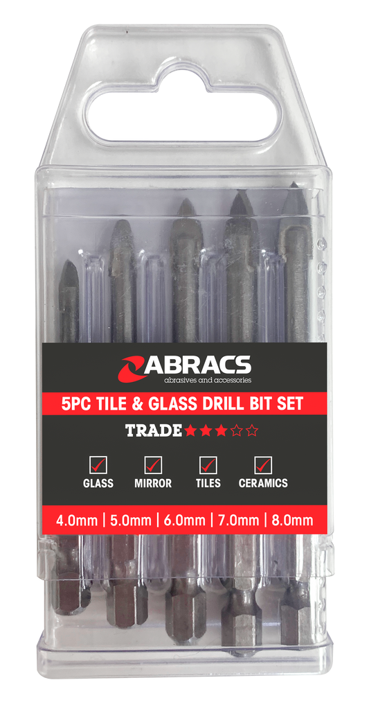 ABRACS SPEAR HEAD GLASS & TILE DRILL BIT 5pc SET