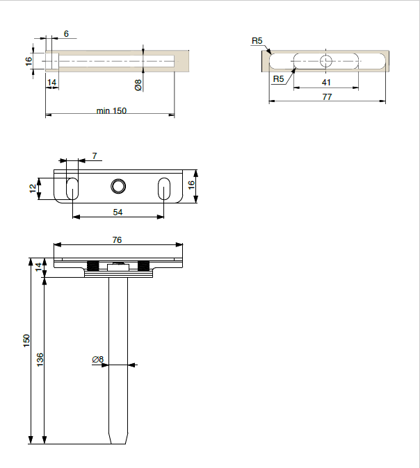 INVISIBLE FLOATING SHELF BRACKET  150MM LONG  X 8MM DIAMETER