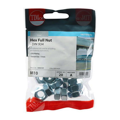 Timco Hex Nut M10 Pk20 - Woodworkers.ie - 