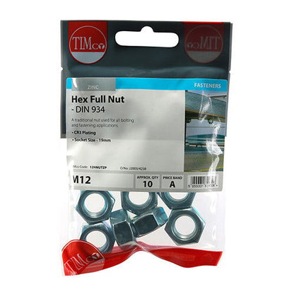 Timco Hex Nut M12 Pk10 - Woodworkers.ie - 