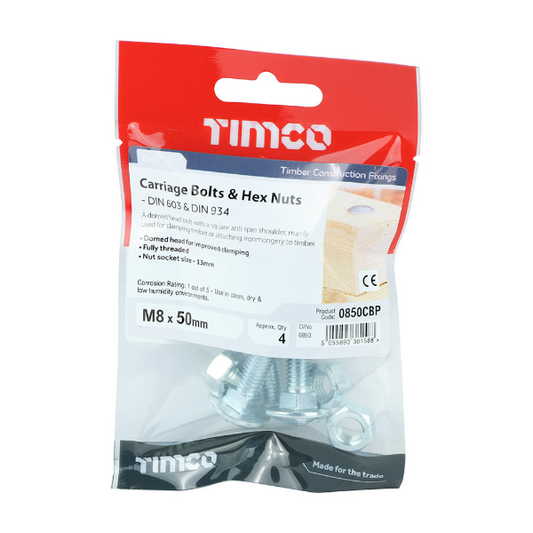 Timco M8 X 50 Carriage Bolt & Hex Nut Pk4 - Woodworkers.ie - 